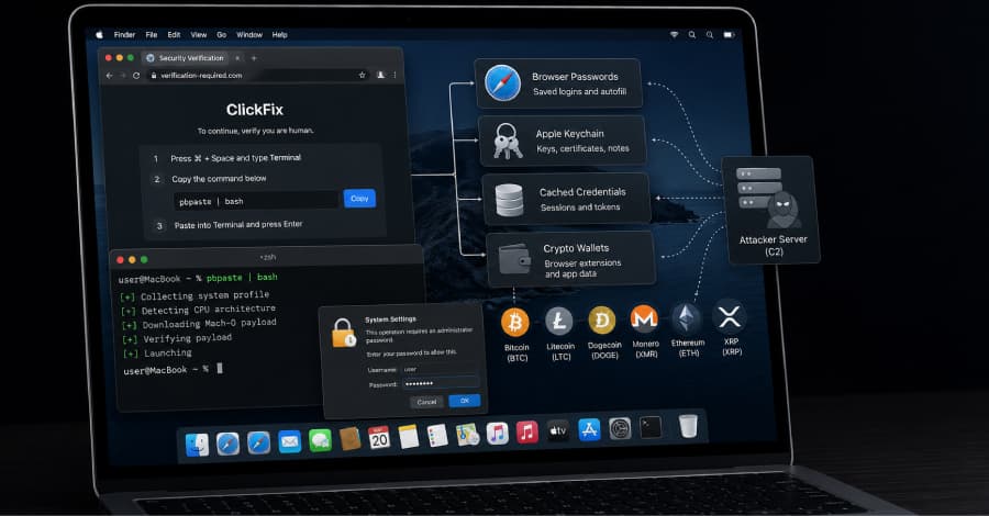 Ataques ClickFix entregan un ladrón de macOS que puede vaciar billeteras de criptomonedas.